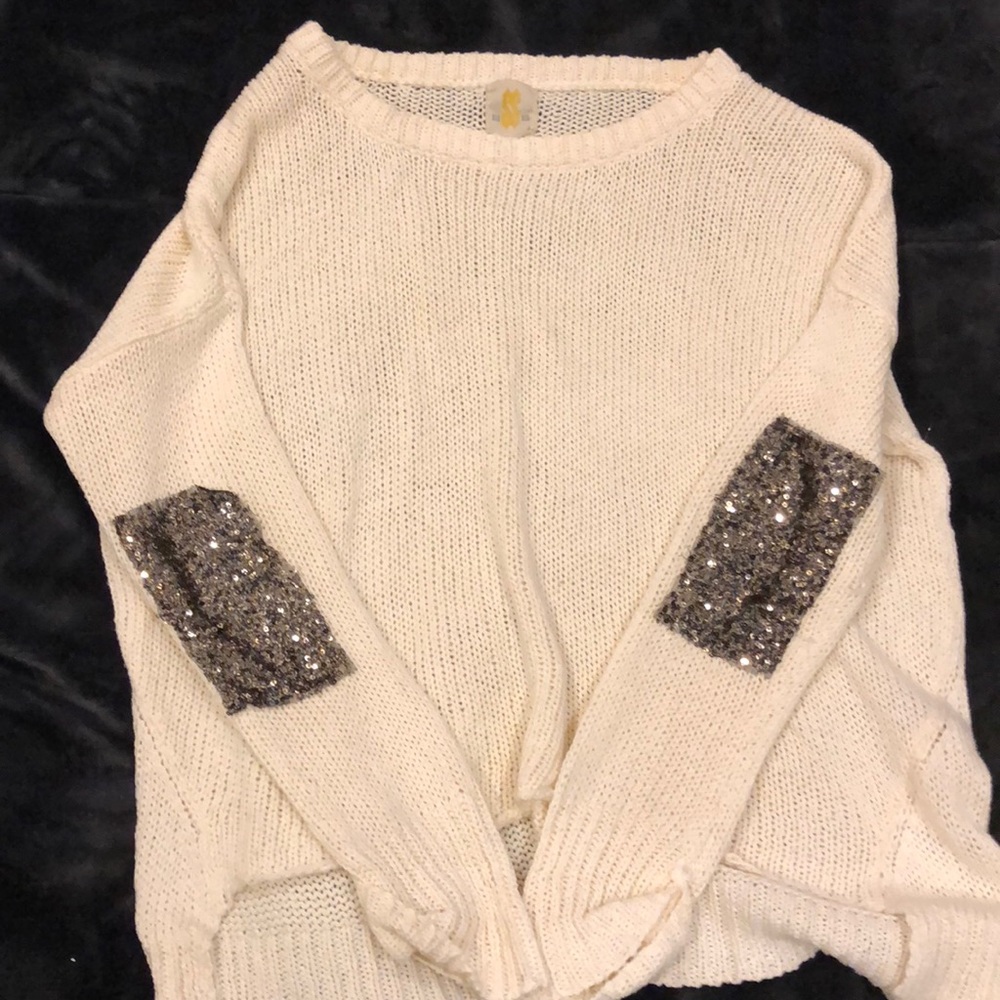 Cream Colored Sweater w/ Sparkly Elbow Patches